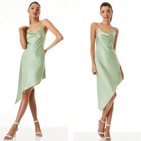 Alice + Olivia Harmony Drapey Asymmetrical Midi Cowl Slip Dress in Light Sage - Picture 4 of 15